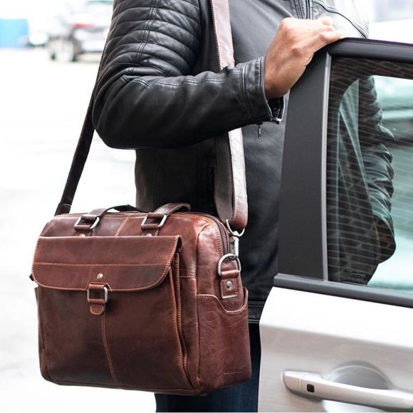 NWT New! Jack Georges Brown Voyager Zip Leather Briefcase w/Front Flap Pocket - Picture 2 of 16